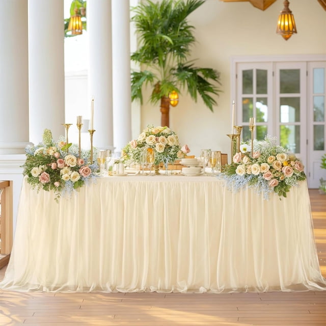 Kadlawus Tulles Table Skirt, Wedding Birthday Banquet Decorative Table Skirt, Ruffled Transparent Tablecloth for Party Dessert Table Decor