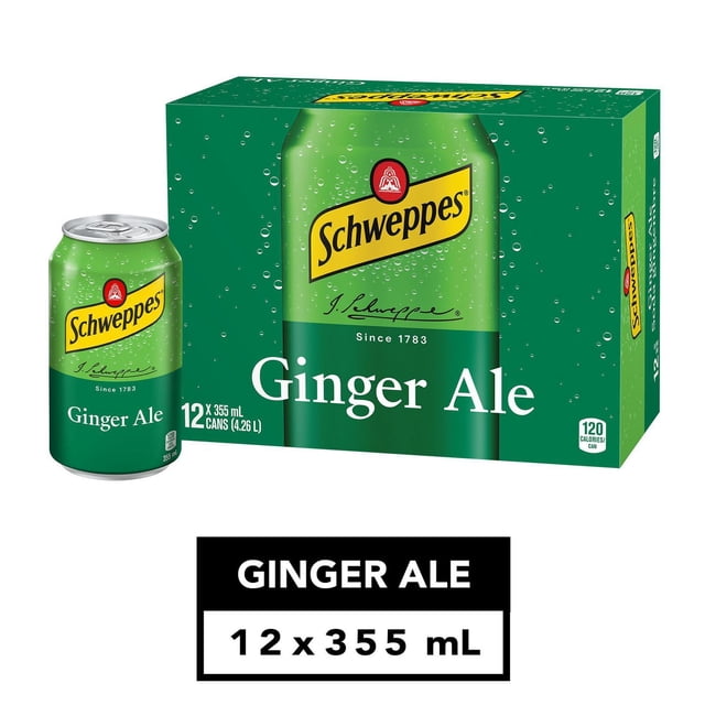 Schweppes Ginger Ale 12 x 355 mL cans pack with one green can displayed, showing the yellow Schweppes logo and white text on green, a classic soft drink with bright ginger flavour, ideal for refreshment or as a versatile mixer.