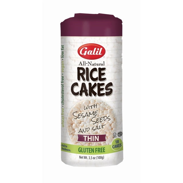 Galil Thin Rice Cakes with Sesame and Salt in a 100g package featuring a maroon top and white body with gluten-free, vegan, low-fat, cholesterol-free, and wheat-free labels, containing 18 thin rice cakes suitable for a light, crunchy snack.