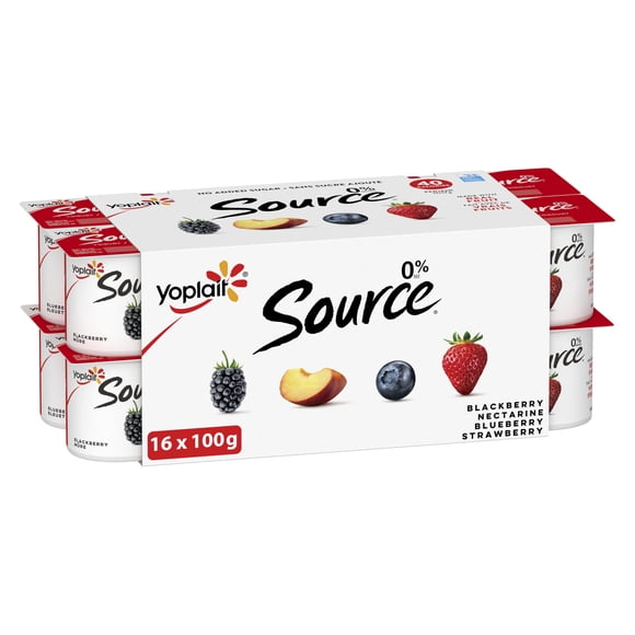 Yoplait Source 0%, Smooth Traditional Yogurt Cups, Variety, No Added Sugar, 16x100g