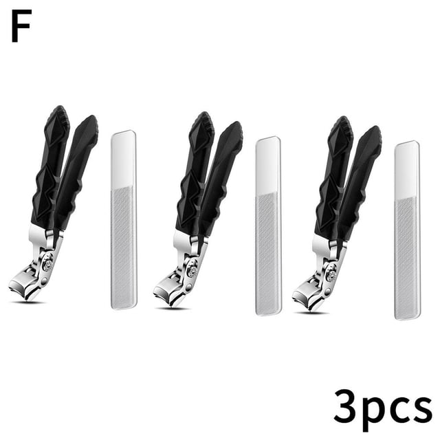 Angled Head Toenail Clippers for Seniors Toenails Long Handled, Ultra-Sharp B6E8. The image displays three stainless steel toenail clippers with black ergonomic handles and angled heads, paired with three nail files. These clippers are designed for precision and comfort, featuring a wide jaw curved blade and anti-splash design, making them ideal for thick or stubborn nails. Made from durable stainless steel, they are suitable for professional or home use and ensure long-lasting performance.
