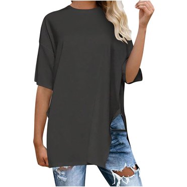 AherBiu Chemises à Manches Courtes pour Femmes Col Rond Décontracté Couleur Unie Longue Épaule Tombante T-Shirts Amples Fendus