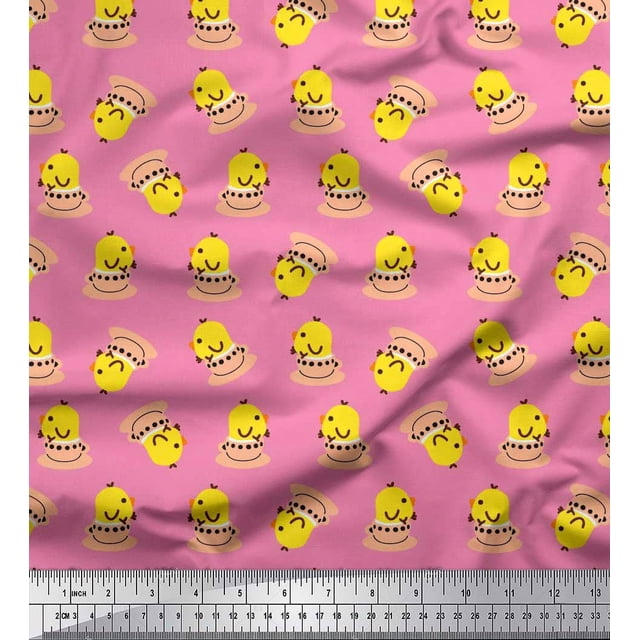 Soimoi Poly Georgette Fabric Cup,Plate & Chick Cartoon Printed Craft Fabric by the Yard 52 Inch Wide
