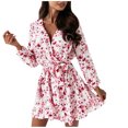 thumbnail image 1 of Pompotops Womens Casual V-Neck Bandage Long Sleeve Floral Print Ruffle Mini Dresses, 1 of 5
