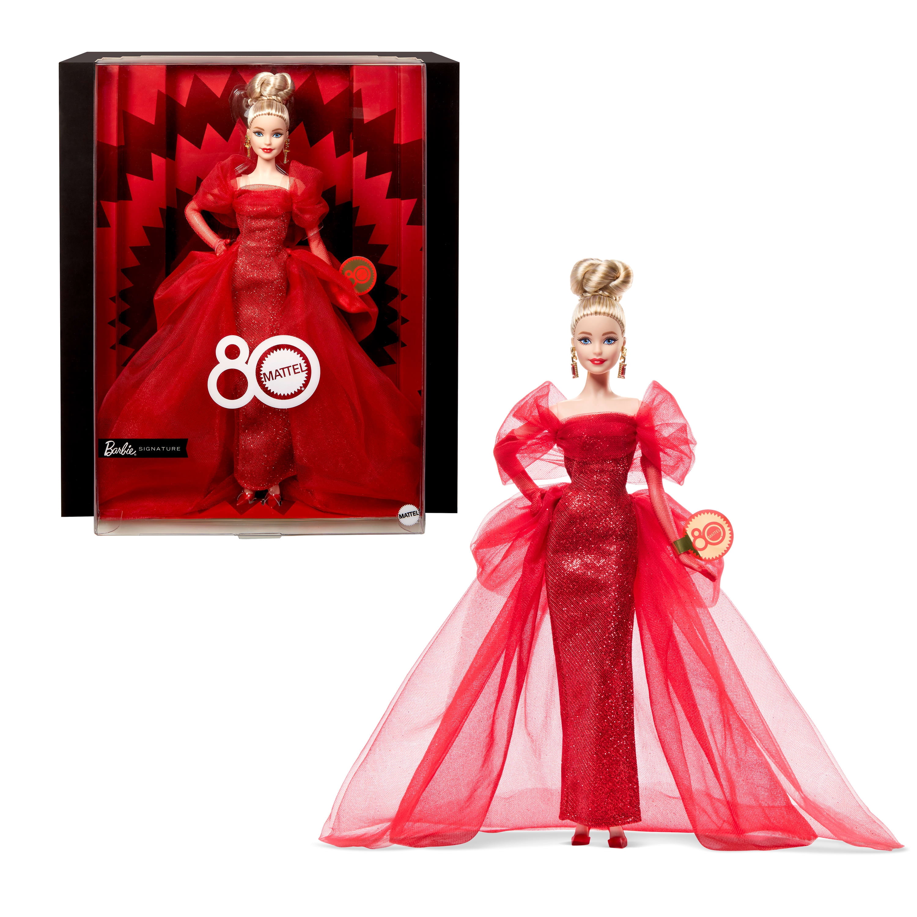 Poupée de collection BarbieSignature pour le 80eanniversaire de Mattel, robe rouge en tulle scintillante, cheveux blonds