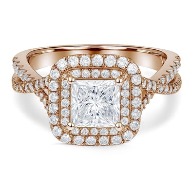 JeenMata Bague de Fiançailles en Moissanite Taille Princesse de 1 Carat - Ensemble Nuptial - Bague à Double Halo - Bague Grappe - Placage Or Rose 18k pour Femmes