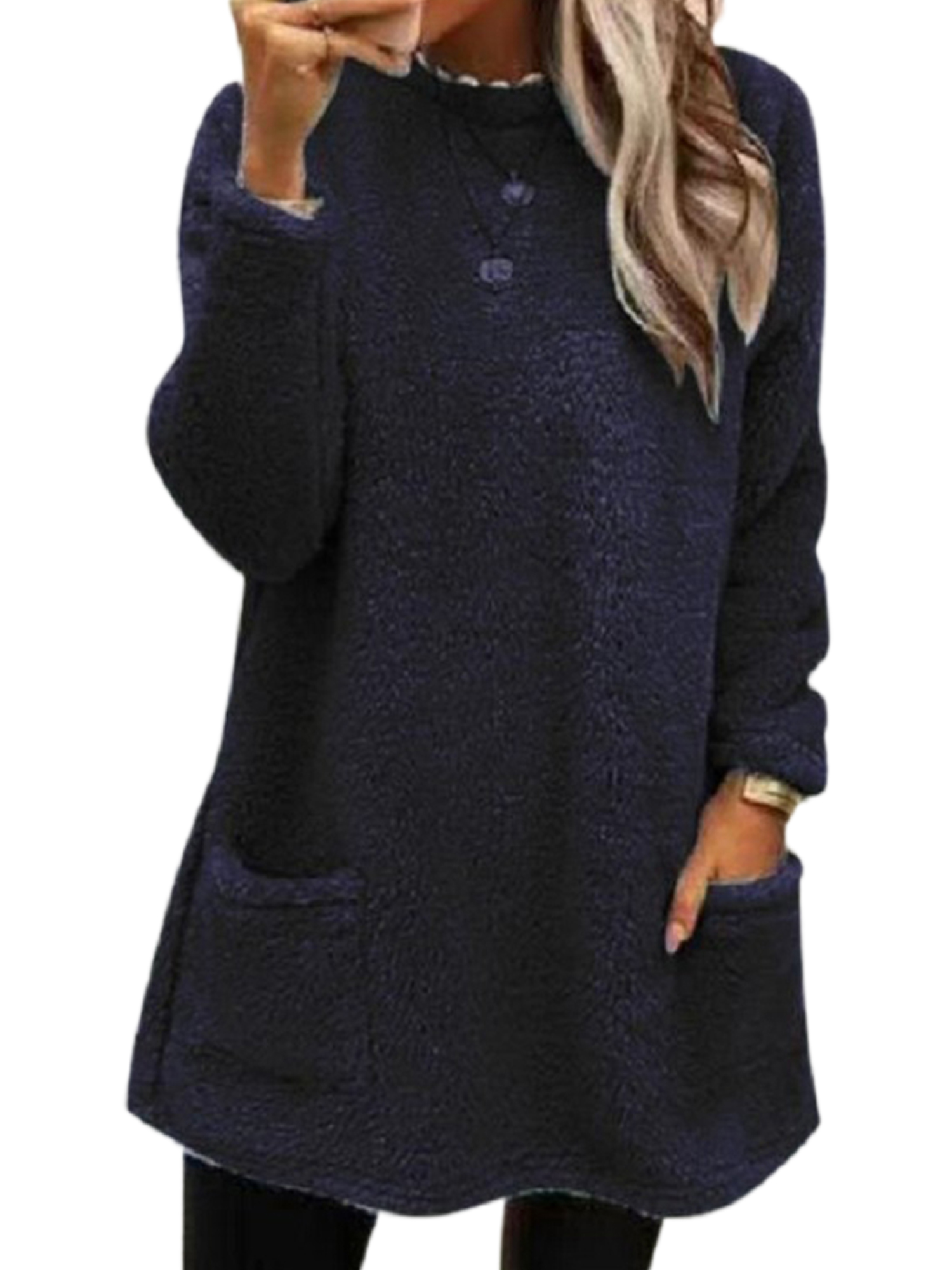 LUXUR Women Fuzzy Fleece T Shirt Loose Work Tops Navy Blue L