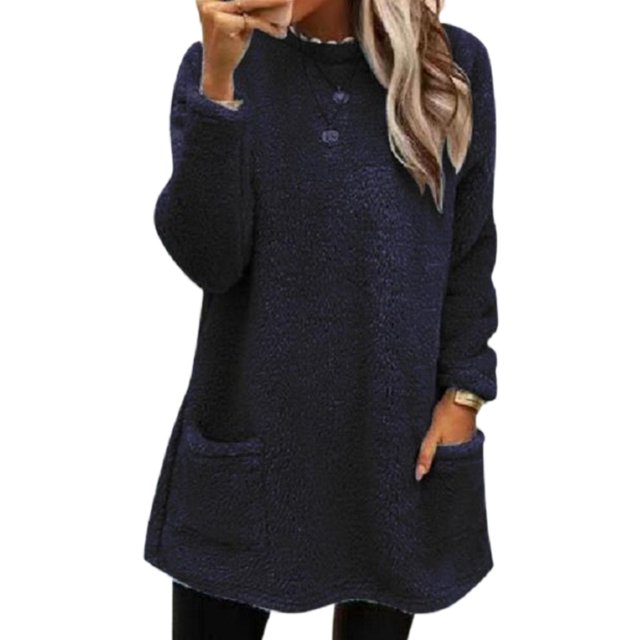 LUXUR Women Fuzzy Fleece T Shirt Loose Work Tops Navy Blue XL