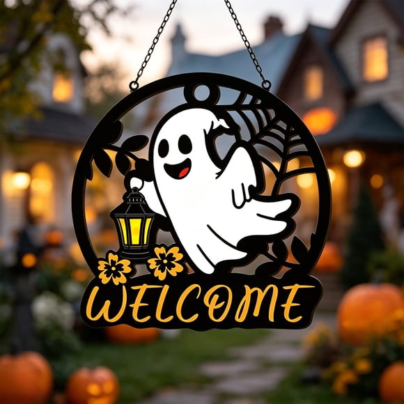Halloween Wooden Round Wall Hanging Ghost Plaques, Hollow Out Decor Spooky Farmhouse Rustic Sign, Round Wooden Ghost Sign For Front Door Porch, 11.81 Inch Halloween Wooden Ghost Sign