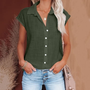 Lolmot Button Down Shirts For Women,Fashion Women New Style Cotton Linen Solid Color Shirts V Neck Short Sleeve Blouses Summer Casual Ladies Tops