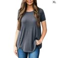 thumbnail image 3 of Femmes T-shirt Couleur Unie Bouton Femmes Col Rond Haut Col Rond Manches Courtes Chemisier, Gris, XL, 3 of 5