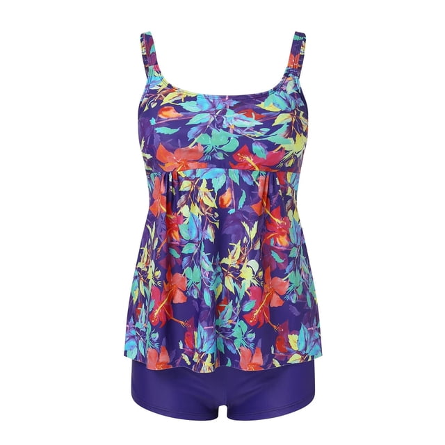 VEKDONE Two Piece Swimsuits for Women Plus Tankini Tummy Control Bathing Suit Ruffles Tankini Top with Bikini Bottoms Purple,XXXL