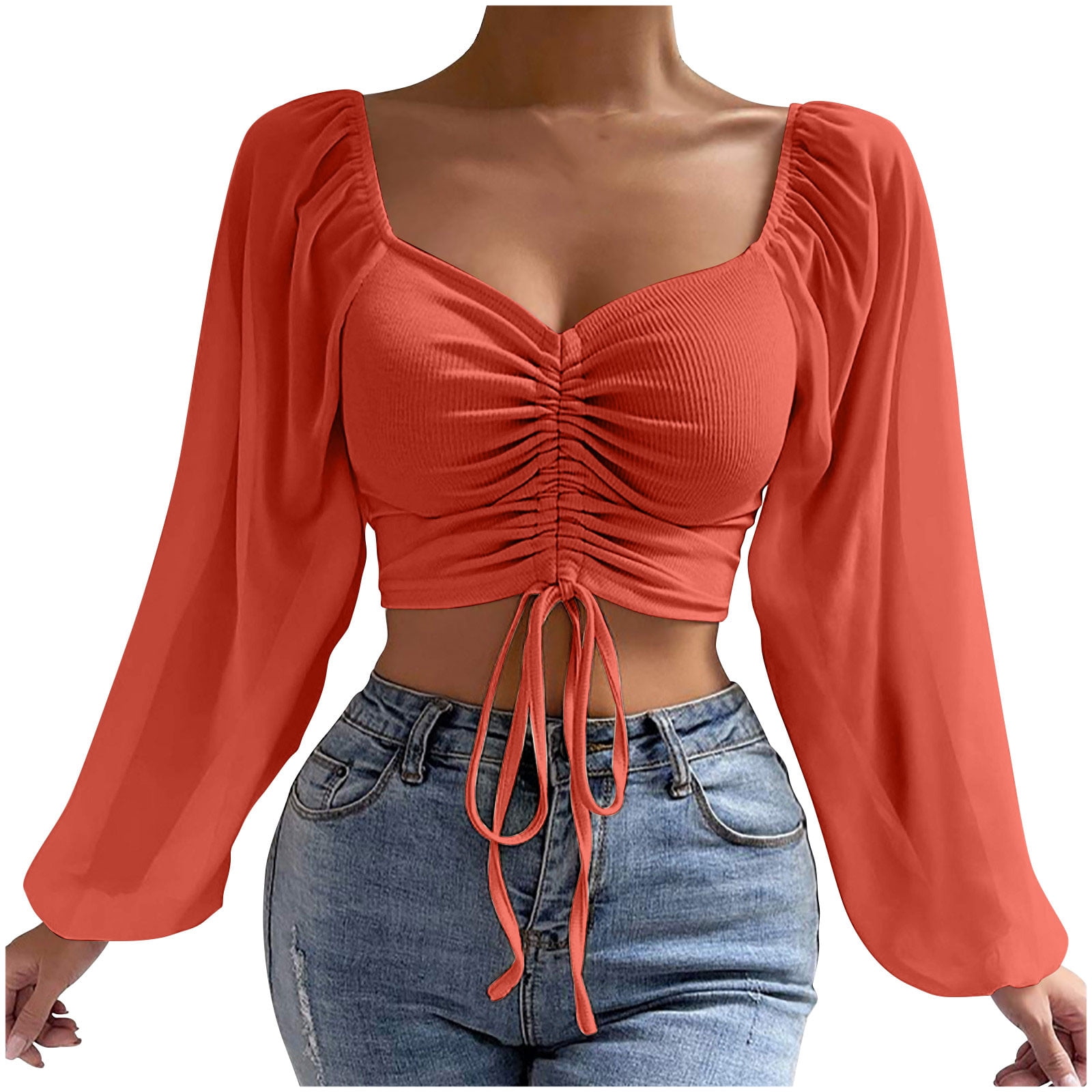 ShomPort Crop Tops for Womens Boat Neck Lantern Sleeve Ruched T
