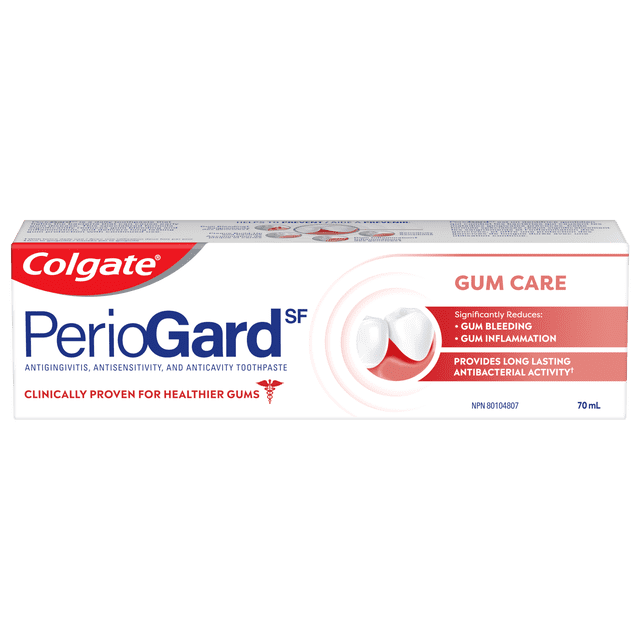 Colgate PerioGard SF Gum Toothpaste, Gum Care Toothpaste, 70 mL tube in white and red packaging, clinically proven to reduce gum bleeding, inflammation, and sensitivity, providing long-lasting antibacterial activity for healthier gums and improved oral care.