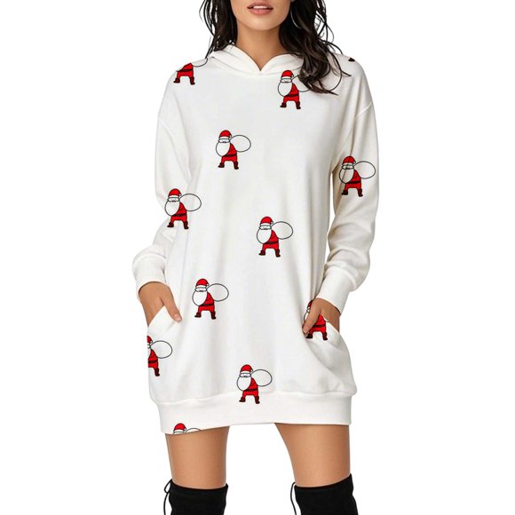 Cozy Long Sleeve Hooded Sweatshirt Dress With Festive Reindeer Print For Casual Winter Wear And Holiday Comfort Woman's Hoodies Rose Hoodie Lightweight Pullover Hooded Sweat Shirts Sweatshirt White S