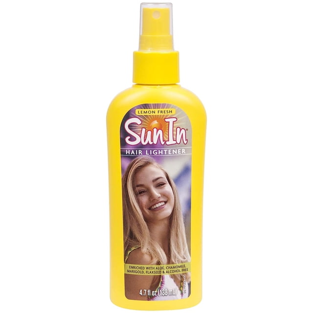 Sun-In Hair Lightener Spray Lemon Fresh in a 4.7 oz yellow spray bottle. The label highlights its alcohol-free formula with real lemon juice and botanical extracts for natural highlights and added shine. Suitable for blonde to medium brown hair, not recommended for color-treated hair.