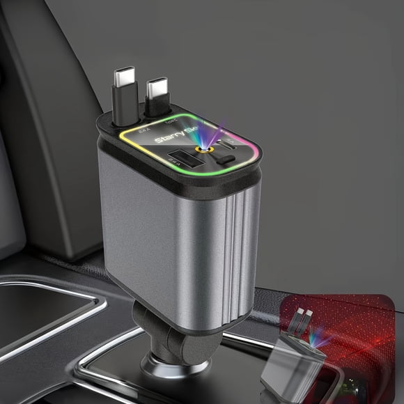 CHUANK Retractable Dual Type-c Cable Car Charger 4-in-1 Multi-Port Car Cigarette Lighter Adapter 180° Swivel Head Suitable For IPhone 15 14 13 12 Pro Max Galaxy S23 S24 Cell Phone