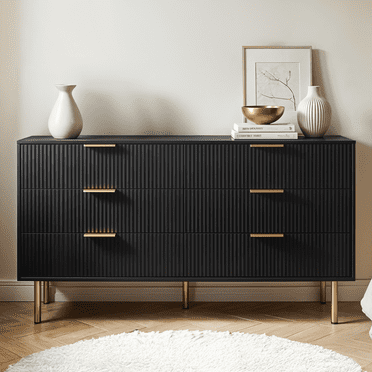 Aykah Luna Commode Moderne à 6 Tiroirs avec Poignées et Pattes en Métal Doré, Armoire de Rangement de 47,2 Pouces de Large pour Chambre Ou Salon (Noir)