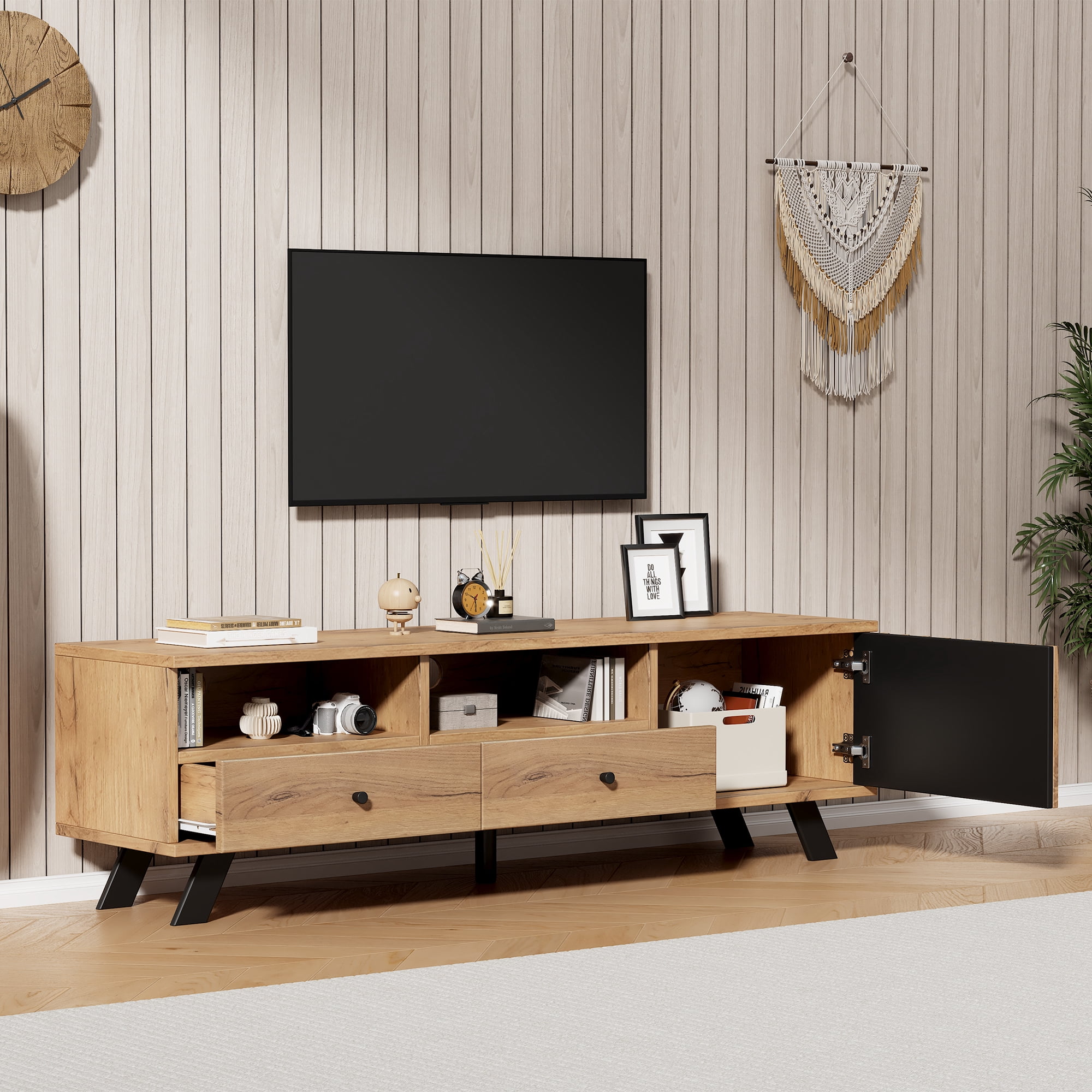 Noble House 59" TV Stand,Open Shelving Wood-Grain Finish Media Console for 65" TV,Natural