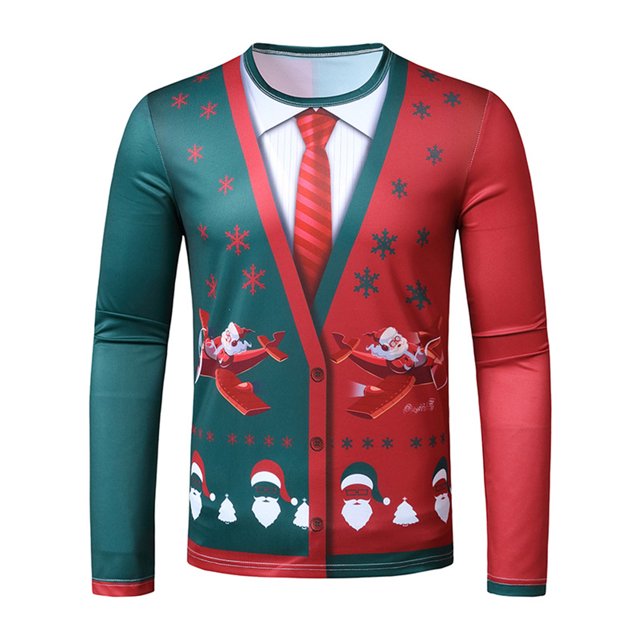 Innerwin T-Shirt de Noël à Manches Longues pour Hommes, Col Rond, Mode Basique Avion 2TG