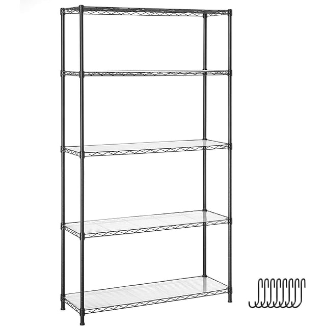 SONGMICS 5-Tier Metal Storage Shelves, Kitchen Wire Shelving Unit, Storage Rack with Adjustable Shelves, Shelf Liners, 8 Hooks, for Garage, 30 x 90 x 160 cm, Black