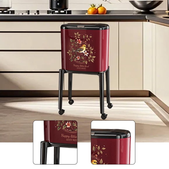 Elodie Kitchen Trash Can with Wheel Garbage Bin Modern Raised Stand Press Lid Recycling red