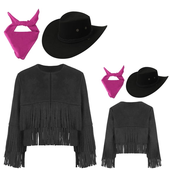 YiZYiF Kids Cowboy Cowgirl Costume Western Rodeo Outfit Long Sleeve Tassels Vest with Hat and Bandanna 3Pcs Set Black 12