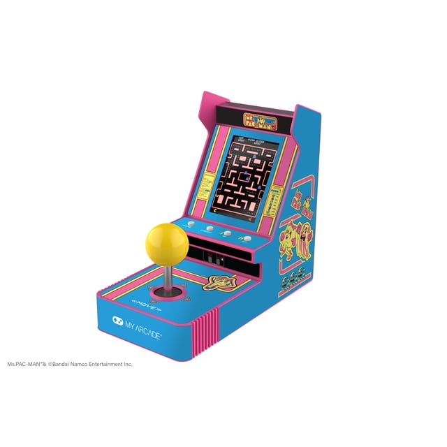 My Arcade - Ms. PAC-MAN JOYSTICK PLAYER is a compact retro arcade console with a 3.5-inch full-color vertical display showing Ms. PAC-MAN gameplay. It features a blue and pink cabinet with original Ms. PAC-MAN artwork, a yellow joystick, three white buttons, built-in speaker, and headphone port. Ideal for classic arcade gaming and suitable for game rooms or office display.