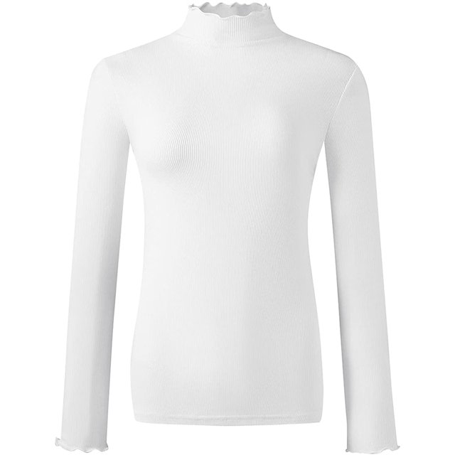 Lightweight Ruffle Mock Neck Tops Ribbed Lettuce Trim Soft Base Layer for Women