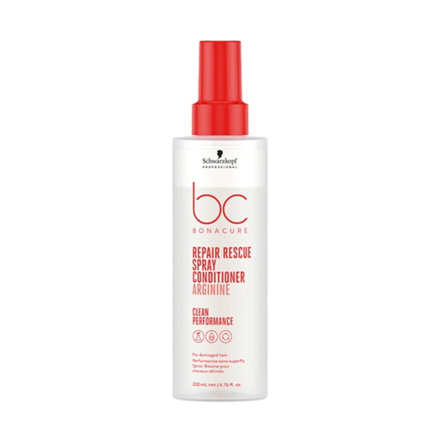 Schwarzkopf BC Bonacure Peptide Repair Rescue Vaporisateur Revitalisant, Bouteille de 200 ml avec une Buse de Pulvérisation Rouge et un Emballage Blanc Présentant un Texte Rouge et Noir. Cet Revitalisant Sans Rinçage Est Conçu pour des Cheveux Très Abîmés, Fins à Normaux, Offrant un Rechargement de 100 % des Cheveux, une Résilience et une Réduction de la Casse de 95 %.