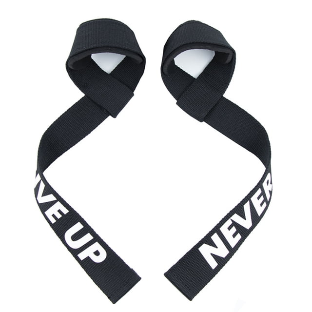 Bracelets de Levage pour l'Haltérophilie par Biinggo, Dotés d'Un Tissu Noir durable avec Texte Blanc Audacieux « Ne Jamais Abandonner. » Ces Bandeaux de Poignet pour l'Haltérophilie Sont Conçus avec une surface en silicone Antidérapante pour une Meilleure Prise et Sécurité pendant l'Entraînement de Force. les Sangles Incluent un Rembourrage en Néoprène Doux pour le Confort et une irritation Réduite, les Rendant Idéales pour les Soulevés Lourds et les Exercices de Traction.
