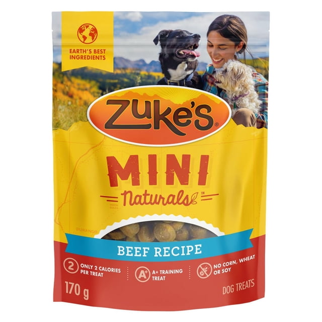Zuke's Mini Naturals Bouchées Tendres Recette au Bœuf Gâteries pour Chiens dans un Sachet Refermable Jaune et Rouge de 170 g Comprenant des Gâteries d'Entraînement Tendres et Moelleuses Faites avec du Vrai Bœuf et Sans Maïs, Blé Ou Soya, Convenant pour Récompenser les Chiens pendant l'Entraînement.