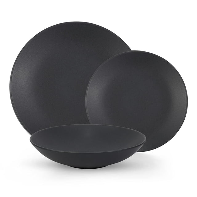 Mesa Ceramics Granito Stoneware 12 Piece Dinner Set, Service for 4, featuring matte black stoneware plates and bowls with a smooth finish and toughened clay build, microwave, dishwasher, oven, and freezer safe, suitable for everyday dining and casual entertaining.