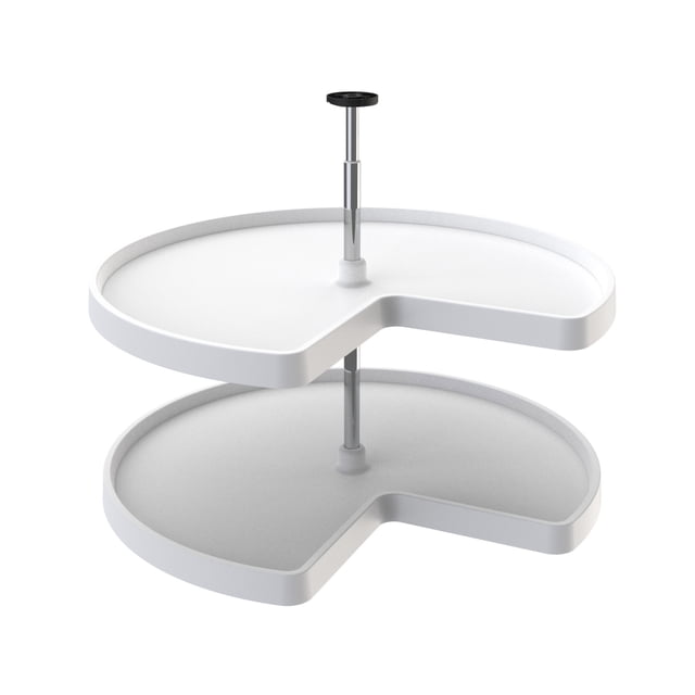 Rev-A-Shelf 32 Inch Lazy Susan Kidney Polymet 2-Shelf in white, a corner cabinet organizer with a kidney-shaped design featuring two adjustable polymer shelves supported by a telescoping shaft. The shelves rotate independently and are ideal for hinged-door corner kitchen cabinets, providing easy access to stored items like pots and pantry goods. Made from durable injection-molded plastic, each shelf supports up to 84 pounds. Dimensions are 32 inches wide, 22.43 inches deep, and adjustable in height from 26 to 31 inches.