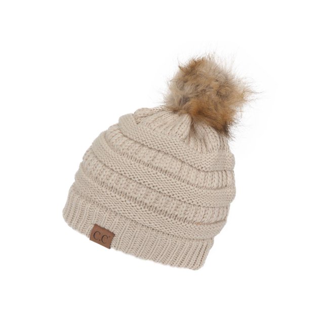 Gravity Threads Cable Knit Faux Fur Pom Pom Beanie Hat, Beige