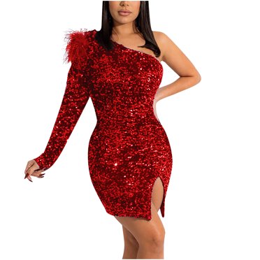 jsaierl Robe à Paillettes pour Femmes à une Épaule à Manches Longues Robe Moulante Mini Aguichant Fendue sur le Côté Bal Soirée Fête Fausse Fourrure Robe de Cocktail Boîte de Nuit Rendez-Vous Soirée Robe Scintillante