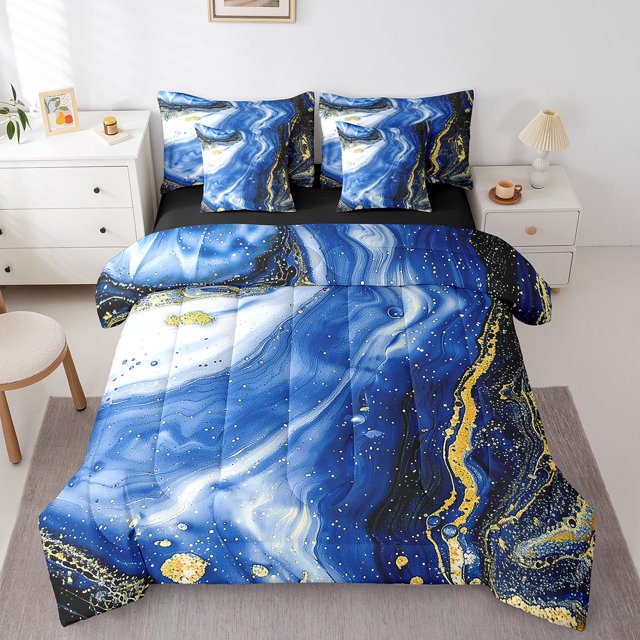 YST 7-Piece Aesthetic Marble Bedding Set, Modern Abstract Foil Print, Full Size Comforter Set, Stone Pattern Bed Set