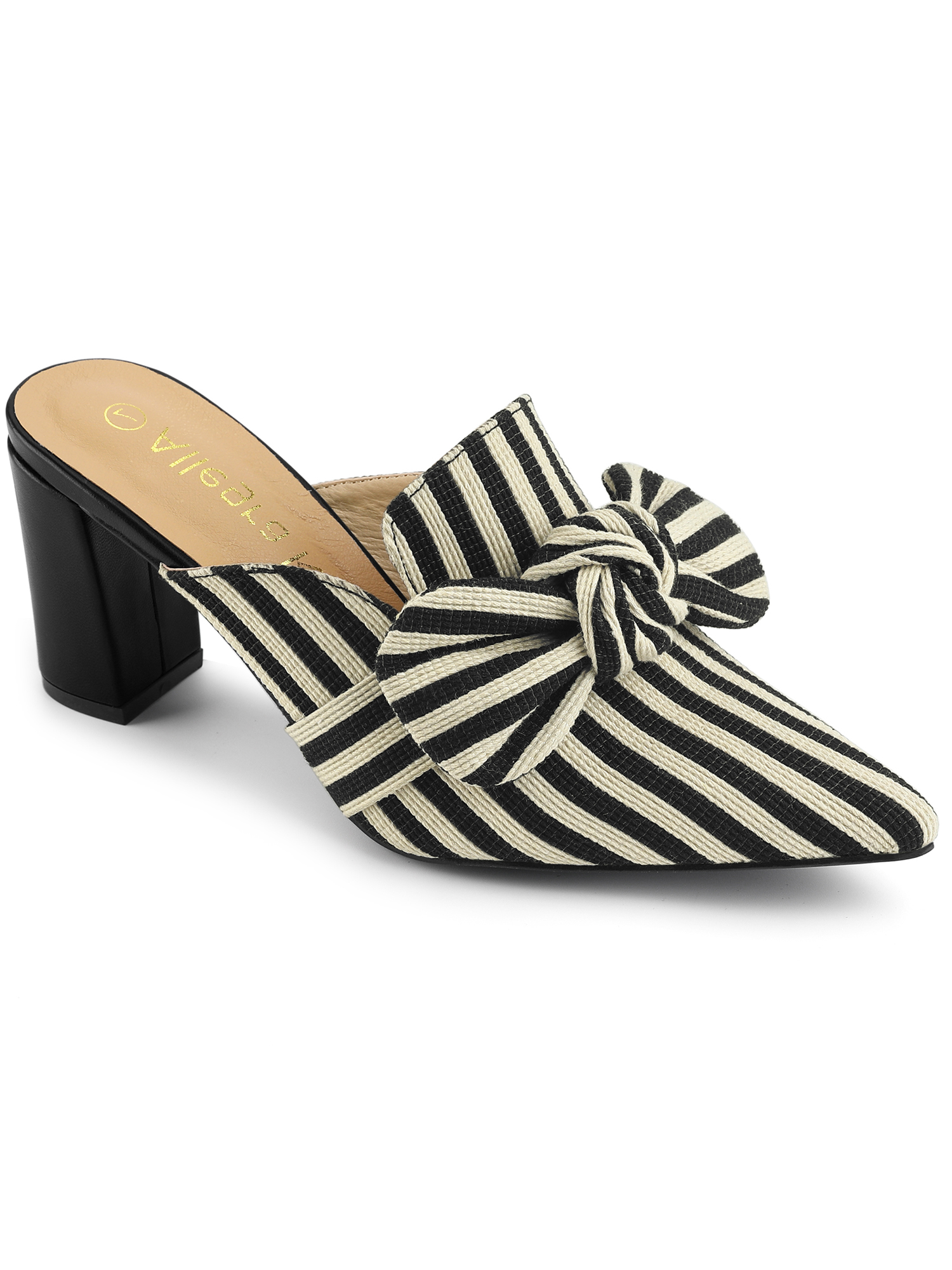 BLISSFUL STEP Women Stripe Bow Pointed Toe Block Heel Slides Mules Black 6