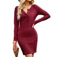 thumbnail image 2 of Femmes Robe Moulante, Occasionnels Élastiques Robes de Hanche Manches Longues Bouton Col Rond à la Mode pour Porter Tous les Jours Vin Rouge S, 2 of 6