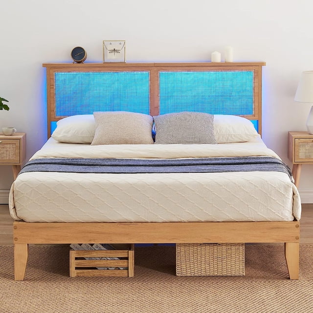 PIONEERWORKS Full Bed Frame with Natural Rattan Headboard featuring built-in storage and a customizable light strip. The platform bed frame includes 8 inches of under-bed storage and a sturdy design with 6 wooden support legs and 12 wooden slats. The headboard storage rack is ideal for small items like phones and glasses. Shown in a cozy bedroom setting with neutral decor.