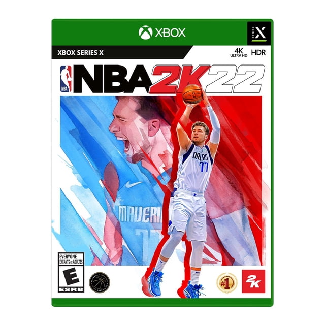 NBA 2K22 - Couverture de Jeu Xbox Series X Mettant en Vedette un Joueur des Dallas Mavericks en Chandail Blanc Numéro 77 Tirant un Ballon de basketball, avec un Arrière-Plan Stylisé Rouge et Bleu, la Marque Xbox Series X et des logos 4K Ultra HD HDR.