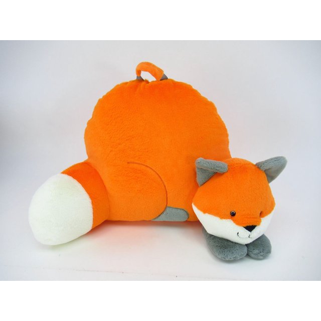 CUSHIONS FOX plush fox-shaped cushion in bright orange with white tail tip and gray ears and paws, featuring a back pocket for storing small items and a sturdy carrying handle, ideal for chair pads or decorative support in bedrooms and dorm rooms.