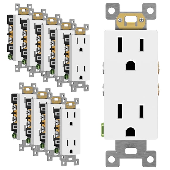TG White Decorator Receptacle, Standard Electrical Wall Outlet, 15A 125V, Self-Grounding, 2-Pole, 3-Wire, 5-15R, UL Listed, 10 Pack, Non Tamper Resistant
