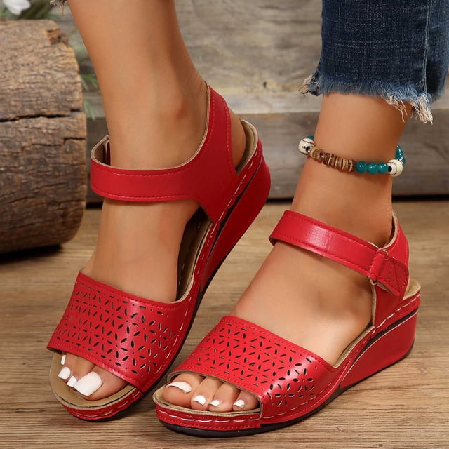 Cameland Women's New Large Size Hollow Thick Bottom One Line Buckle Wedge Sandals