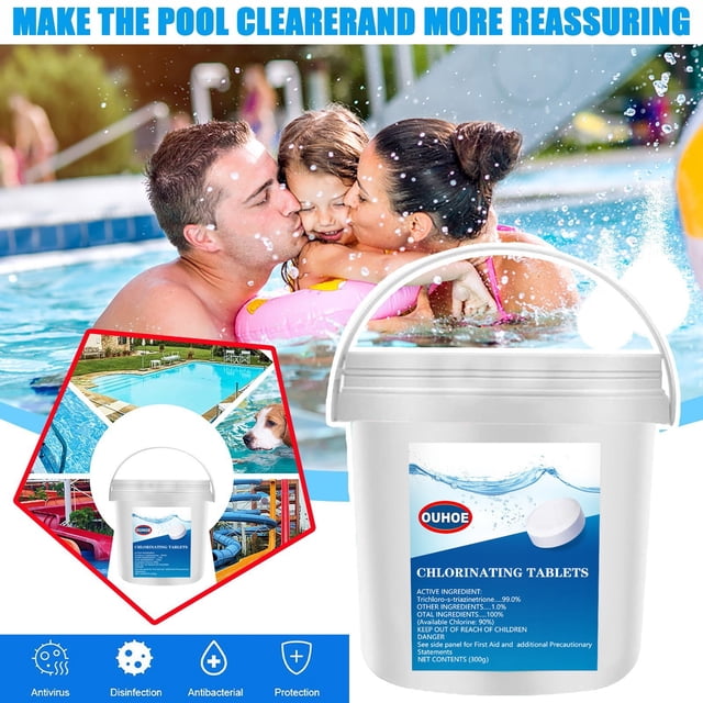 Sales Today Clearance! JIASEN Pool Care Shock Advanced for Swimming Pools, Granules, 300pc. A white bucket with a blue label showcasing chlorinating tablets for pool disinfection and shock treatment. Ideal for weekly pool maintenance, the product prevents bacteria, algae, and restores crystal clarity within 24 hours. The background features a family enjoying a clean swimming pool, highlighting its effectiveness for effervescent cleaning and safer swimming experiences.