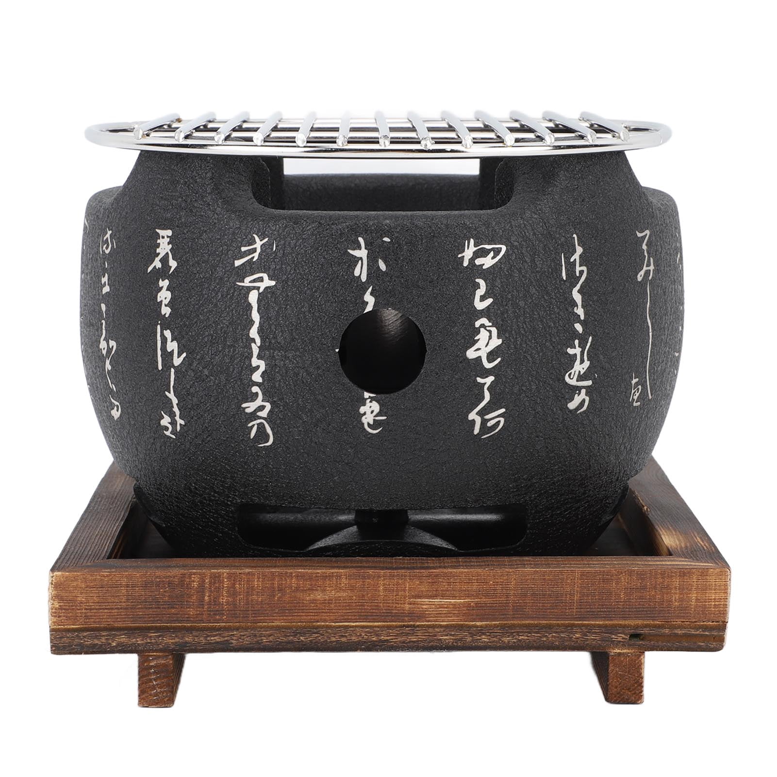 Japanese Style BBQ Grill, Mini Portable Barbecue Stove Aluminium Alloy Round Charcoal Stove with Wire Mesh Grill and Wooden Base, Japanese Tabletop Household Barbecue Tools
