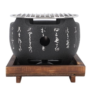 Style japonais BBQ Grill, Mini Poêle en aluminium en barbecue Portable Poêlée ronde en charbon avec grille en mesh et base en bois, outils de barbecu pour les ménages japonais