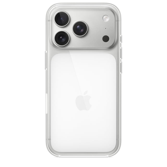 Étui transparent pour iPhone 17 Pro avec MagSafe Montrant une Vue Arrière d'Un iPhone 17 Pro Argenté à l'Intérieur d'Un Étui Mince, en polycarbonate transparent et en Matériau flexible. l'Étui Révèle le Système de triple Caméra et le logo Apple, Comprend des Aimants Intégrés pour la Recharge MagSafe, et a un Revêtement Résistant aux Rayures pour Prévenir le Jaunissement.