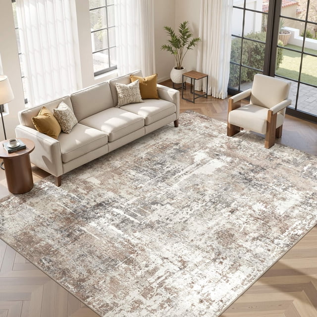 UERMEI 9'x12' Large Area Rugs for Living Room, Washable Non Slip Indoor Rug for Bedroom Home Decor Carpets, Modern Abstract Printed Carpet, Brown