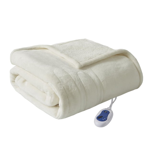 Home Essence Apartment Heated microlight to teddy fleece throw folded with plush microlight fabric on one side and reversible teddy fleece on the other, featuring a white and blue wired controller with 3 heat settings and 2-hour auto shut off, oversized 60 by 70 inch electric blanket for consistent warmth and machine washable convenience.